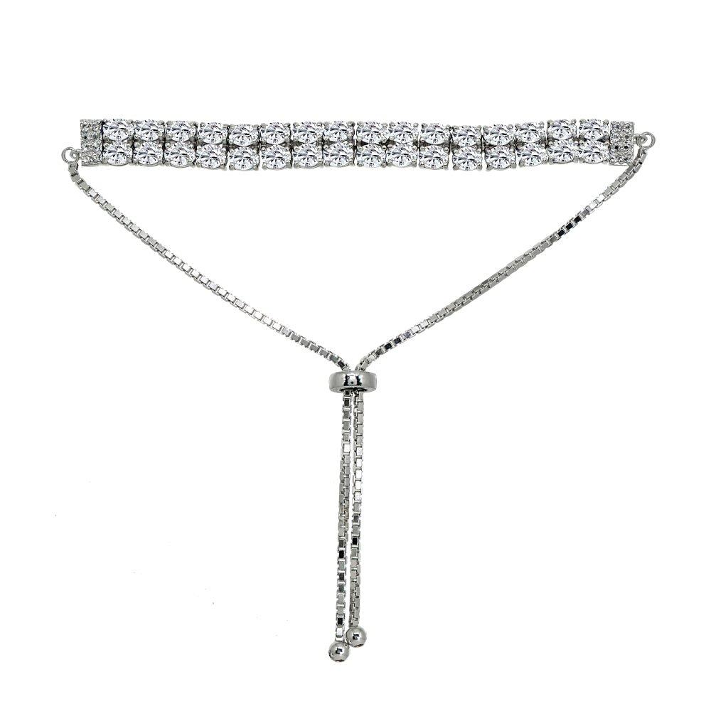 Sterling Silver Created White Sapphire Oval-Cut Two Row Adjustable Tennis Bracelet-2