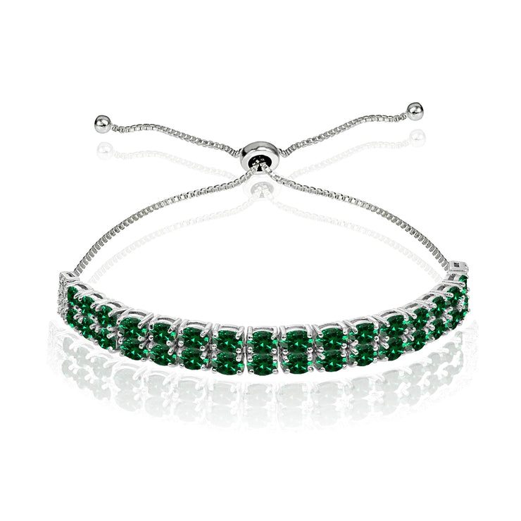 Sterling Silver Created Emerald Oval-Cut Two Row Adjustable Tennis Bracelet