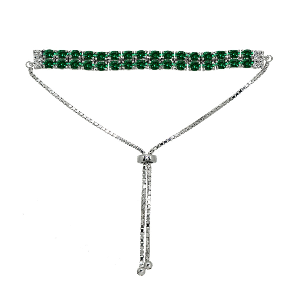 Sterling Silver Created Emerald Oval-Cut Two Row Adjustable Tennis Bracelet-3