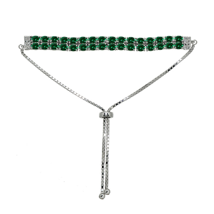 Sterling Silver Created Emerald Oval-Cut Two Row Adjustable Tennis Bracelet