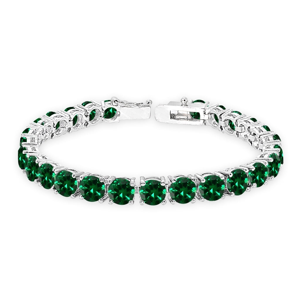 Sterling Silver Created Emerald 6mm Round-cut Classic Tennis Bracelet