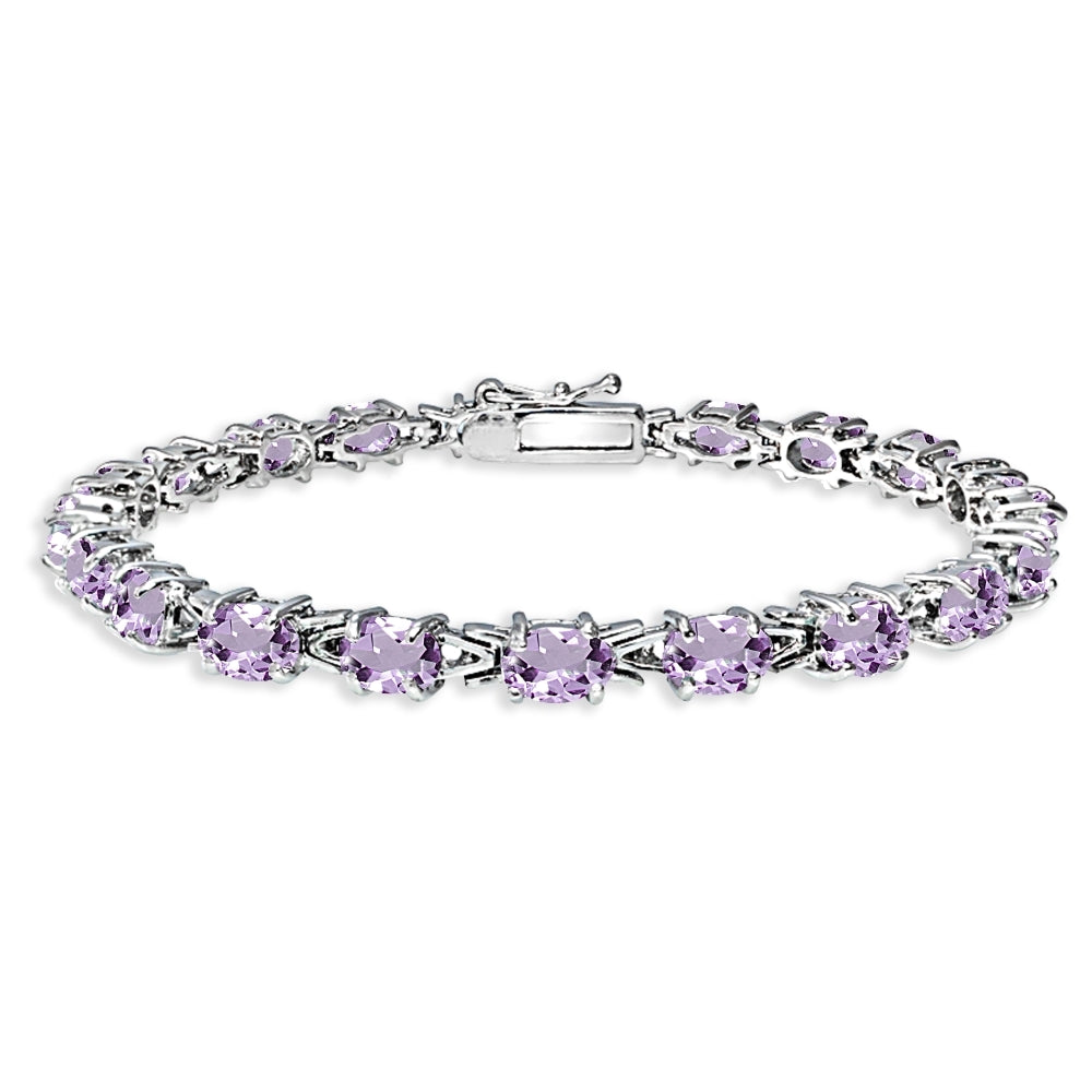 Sterling Silver Polished Amethyst 6x4mm Oval-cut Link Tennis Bracelet