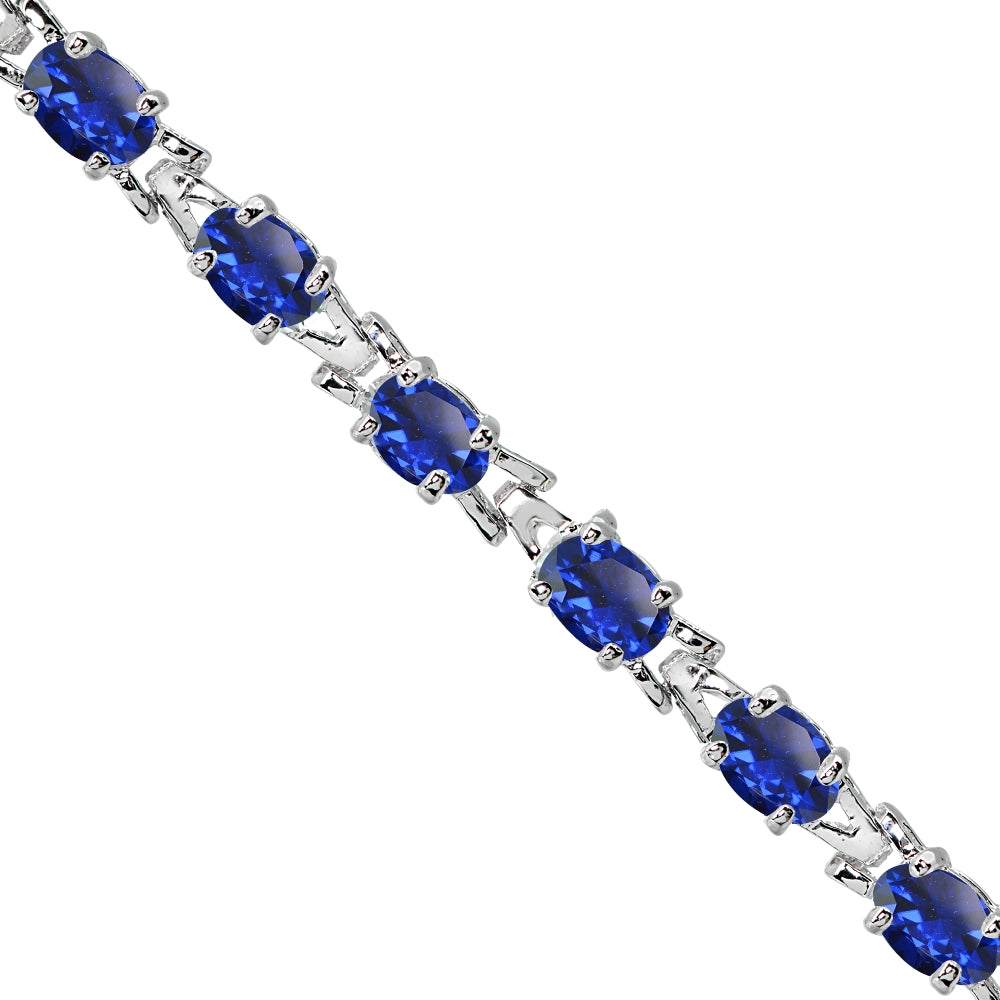 Sterling Silver Polished Created Blue Sapphire 6x4mm Oval-cut Link Tennis Bracelet-2