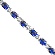 Sterling Silver Polished Created Blue Sapphire 6x4mm Oval-cut Link Tennis Bracelet