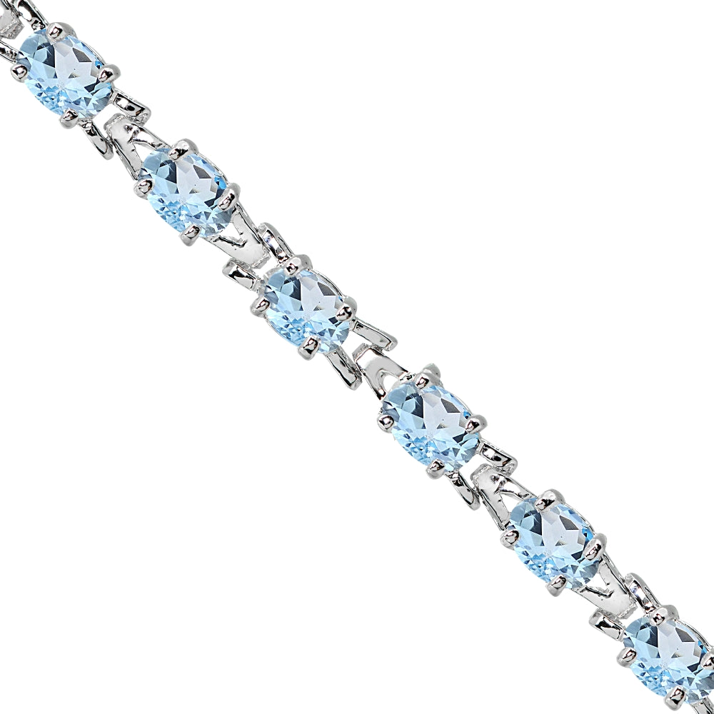 Sterling Silver Polished Blue Topaz 6x4mm Oval-cut Link Tennis Bracelet-2