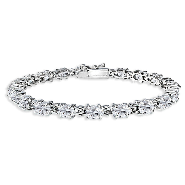 Sterling Silver Polished Created White Sapphire 6x4mm Oval-cut Link Tennis Bracelet