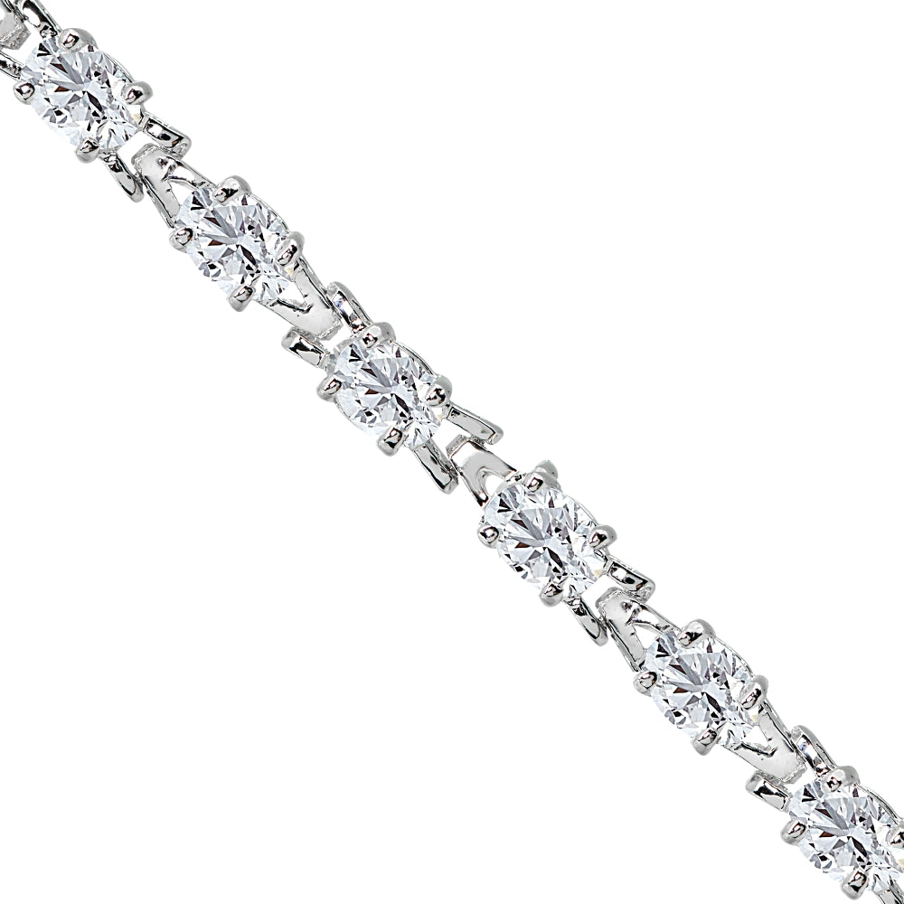 Sterling Silver Polished Created White Sapphire 6x4mm Oval-cut Link Tennis Bracelet-2