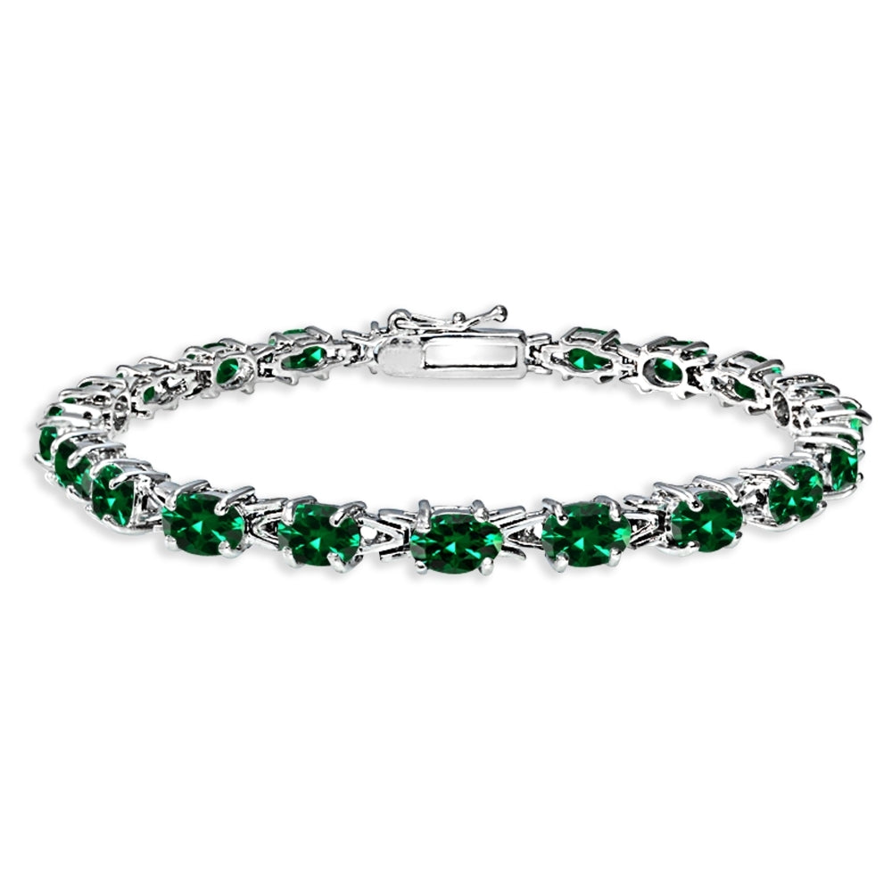 Sterling Silver Polished Created Emerald 6x4mm Oval-cut Link Tennis Bracelet