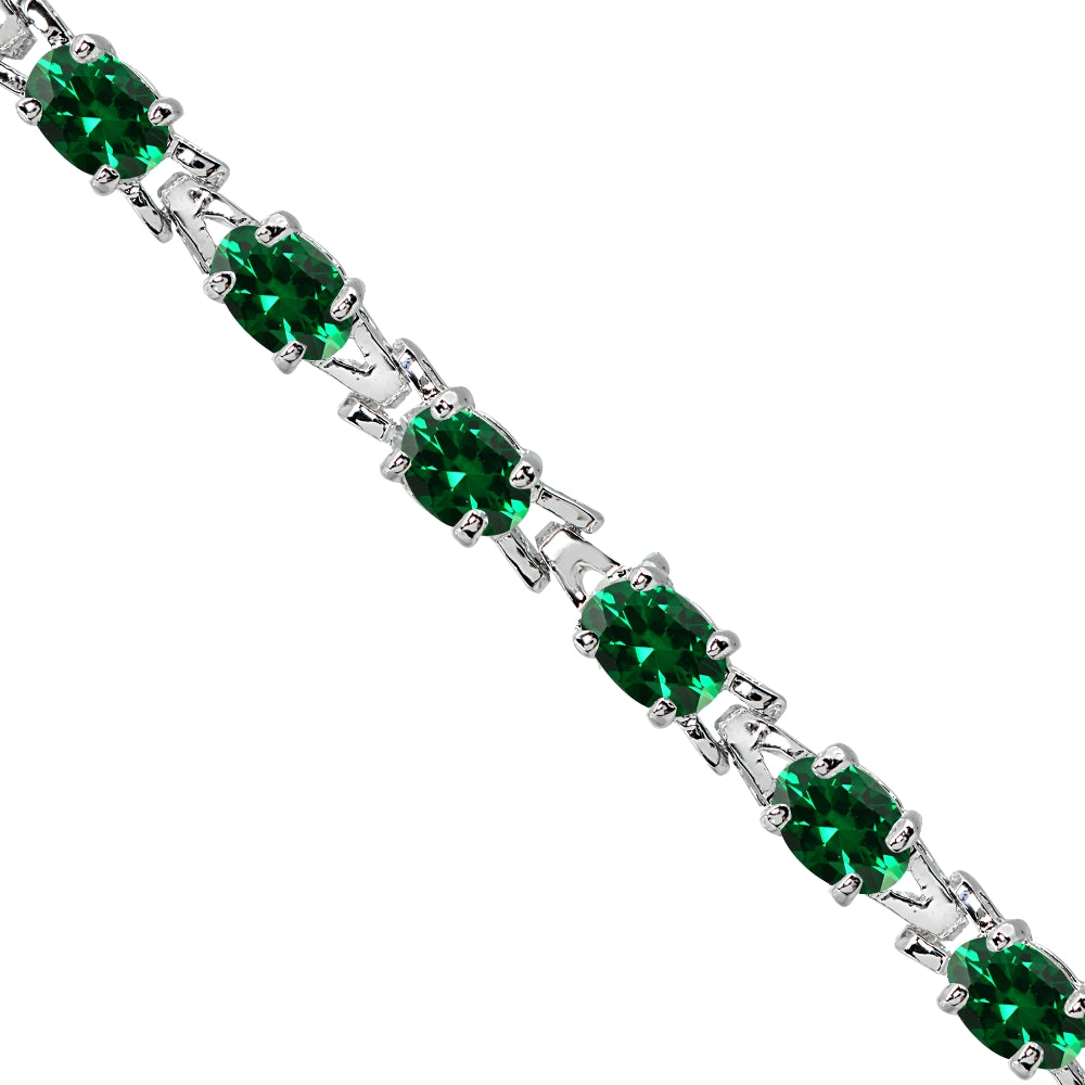 Sterling Silver Polished Created Emerald 6x4mm Oval-cut Link Tennis Bracelet-2