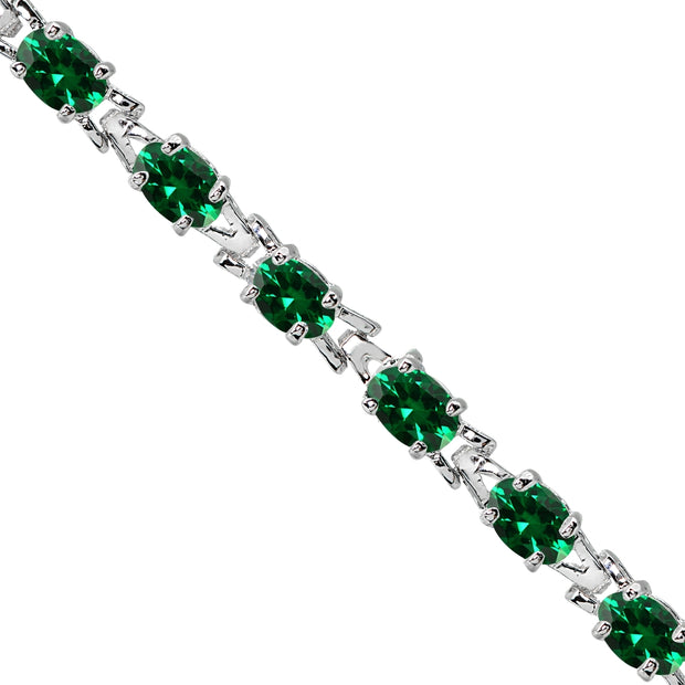 Sterling Silver Polished Created Emerald 6x4mm Oval-cut Link Tennis Bracelet