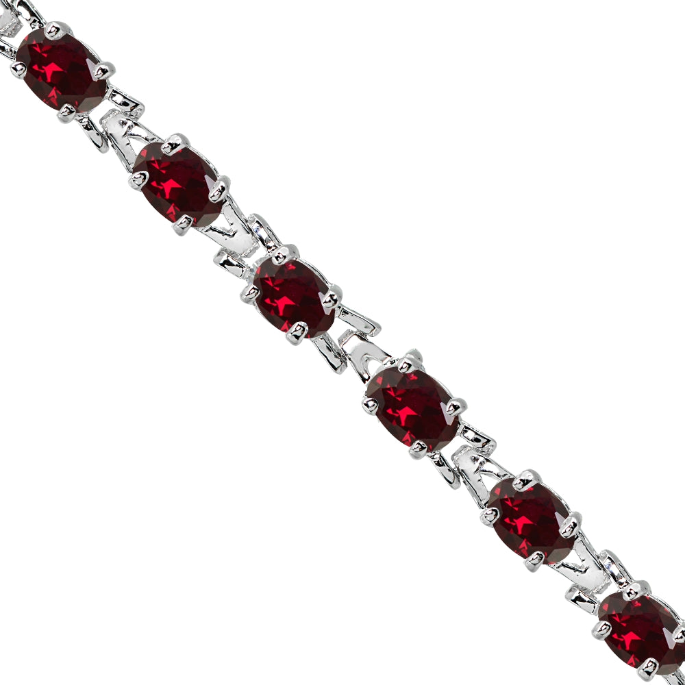 Sterling Silver Polished Created Ruby 6x4mm Oval-cut Link Tennis Bracelet-2
