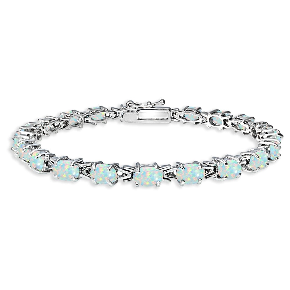 Sterling Silver Polished Created White Opal 6x4mm Oval-cut Link Tennis Bracelet