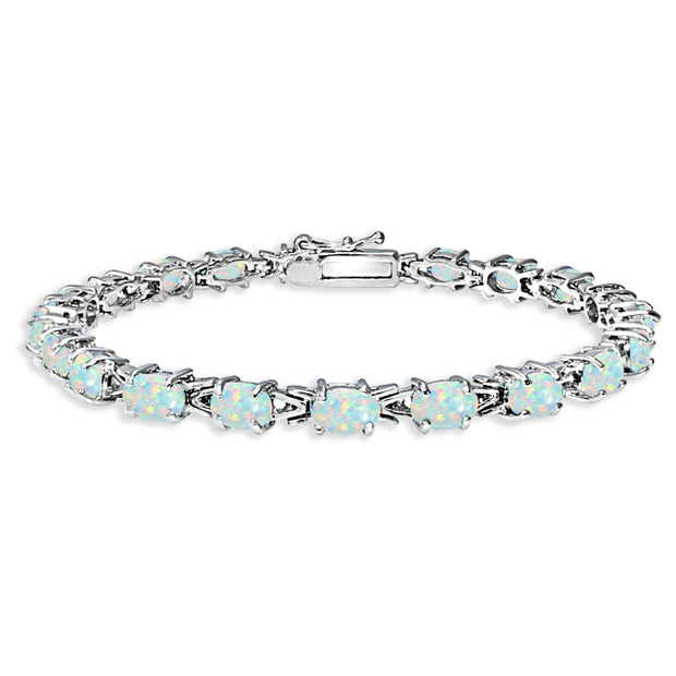 Sterling Silver Polished Created White Opal 6x4mm Oval-cut Link Tennis Bracelet