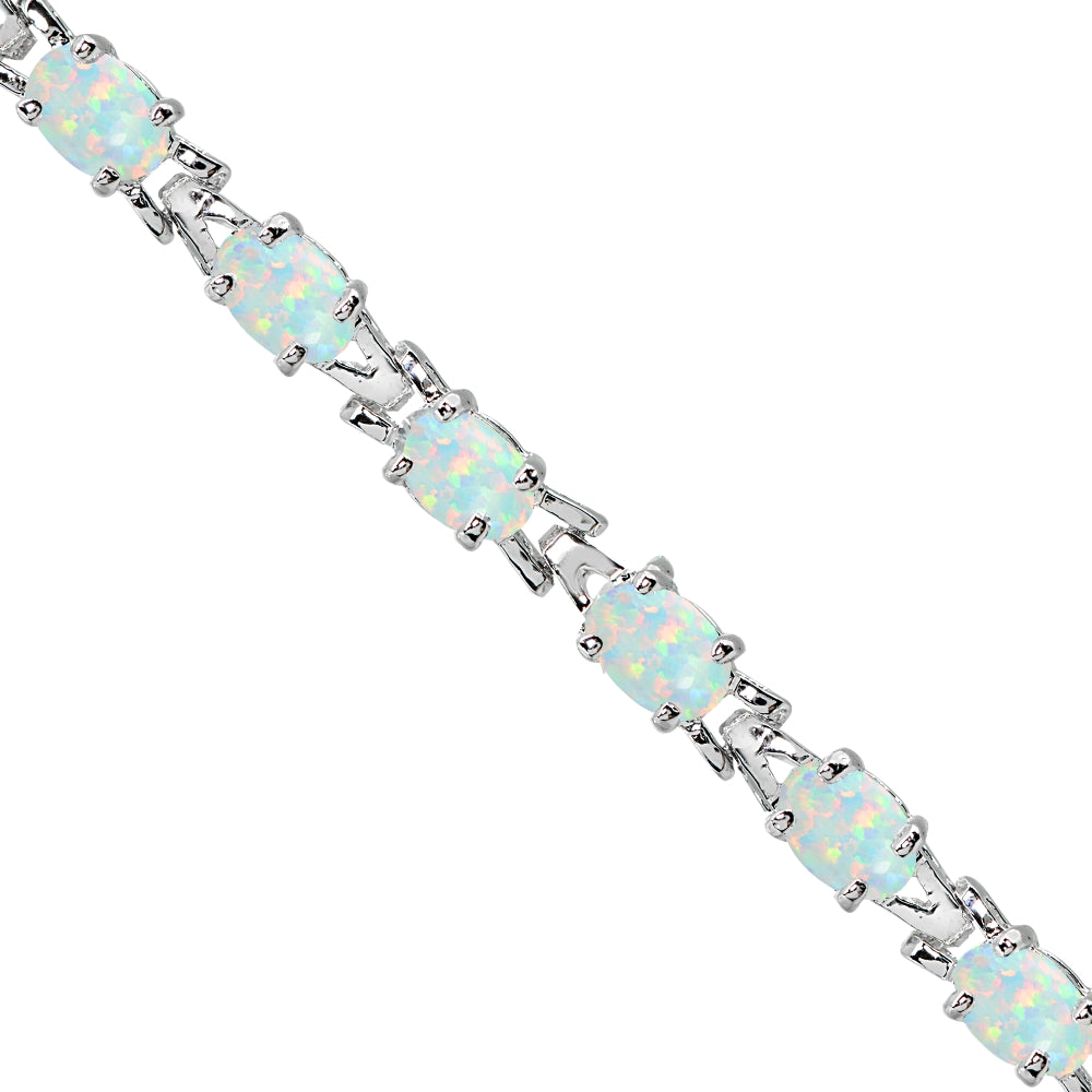 Sterling Silver Polished Created White Opal 6x4mm Oval-cut Link Tennis Bracelet-2