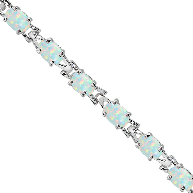 Sterling Silver Polished Created White Opal 6x4mm Oval-cut Link Tennis Bracelet