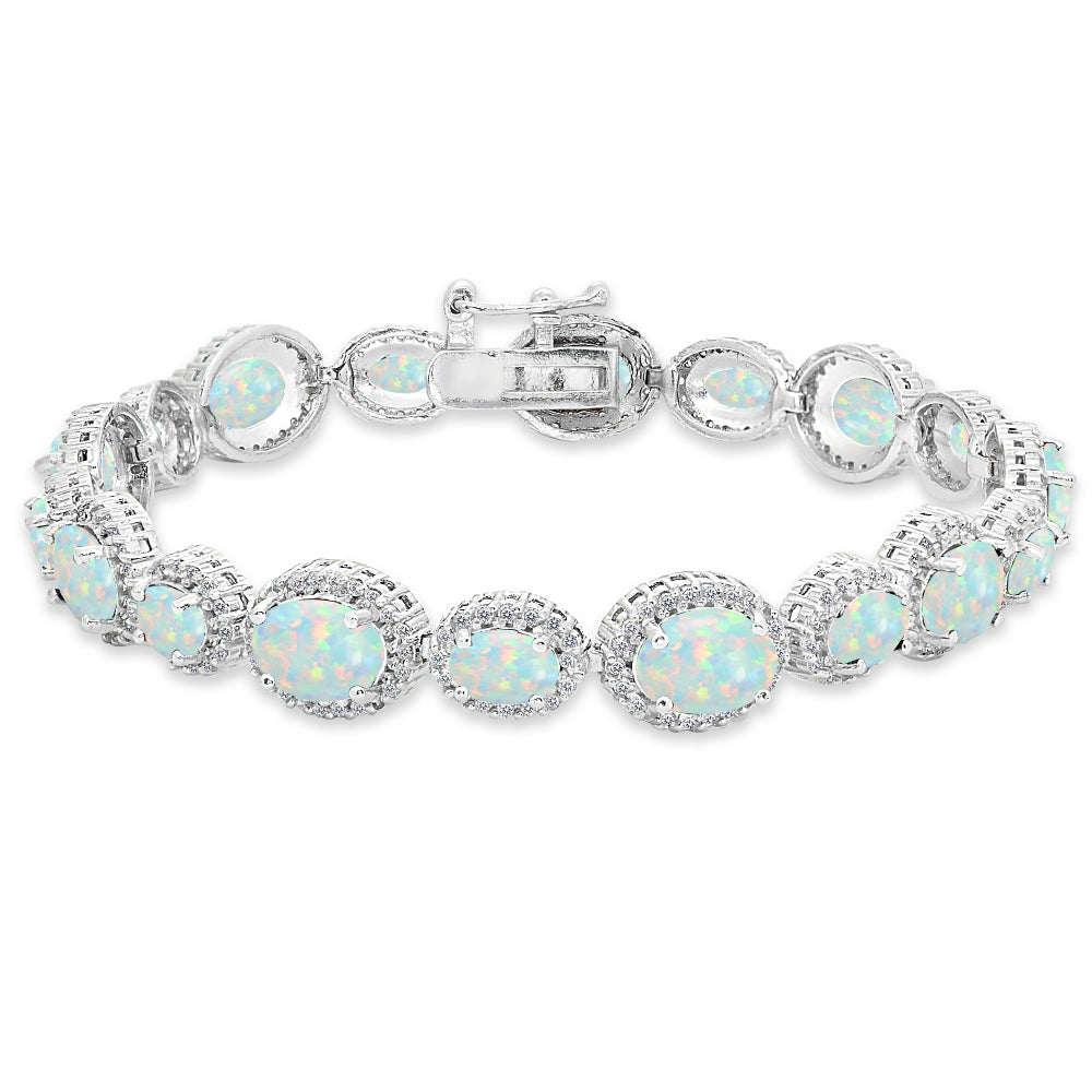 Sterling Silver Created Opal & White Topaz Oval Halo Statement Bracelet