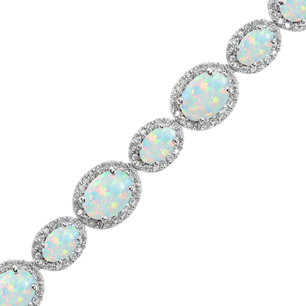 Sterling Silver Created Opal & White Topaz Oval Halo Statement Bracelet-2