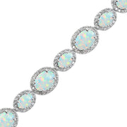 Sterling Silver Created Opal & White Topaz Oval Halo Statement Bracelet