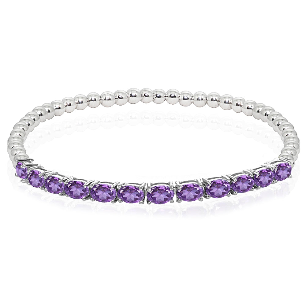 Sterling Silver African Amethyst Oval Beaded Stretch Tennis Style Bracelet