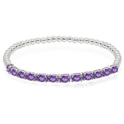 Sterling Silver African Amethyst Oval Beaded Stretch Tennis Style Bracelet