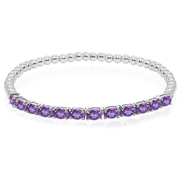 Sterling Silver African Amethyst Oval Beaded Stretch Tennis Style Bracelet