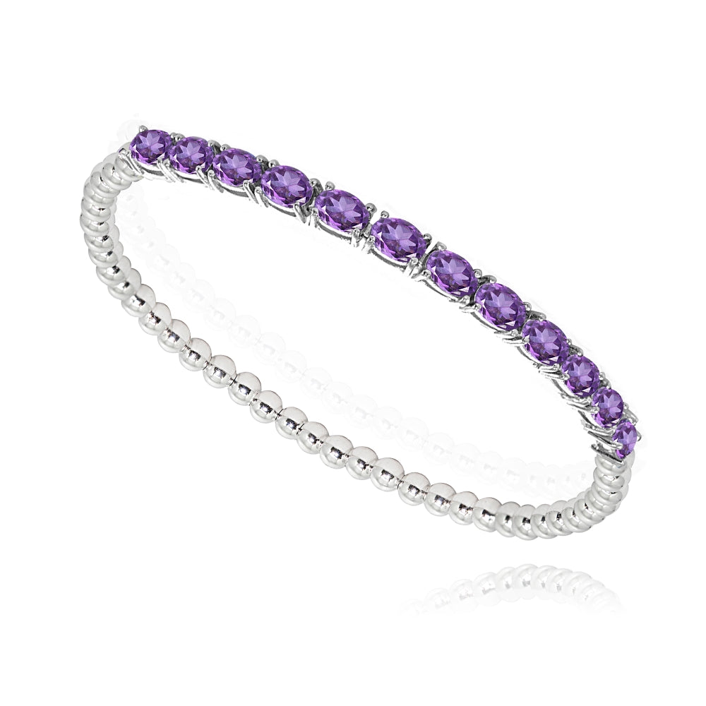 Sterling Silver African Amethyst Oval Beaded Stretch Tennis Style Bracelet-2