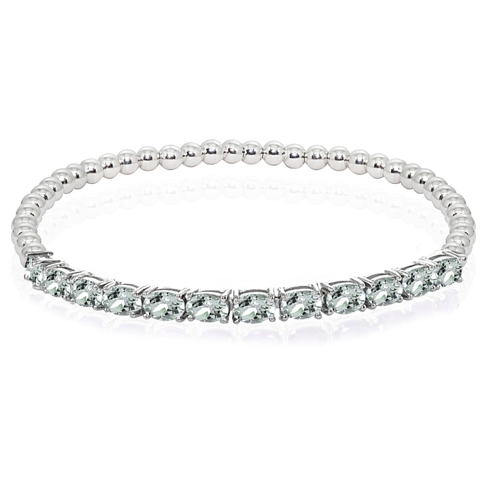 Sterling Silver Light Aquamarine Oval Beaded Stretch Tennis Style Bracelet