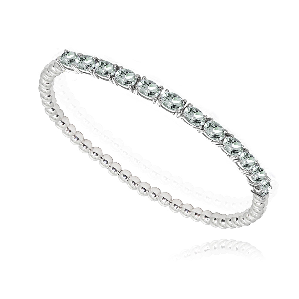 Sterling Silver Light Aquamarine Oval Beaded Stretch Tennis Style Bracelet-2