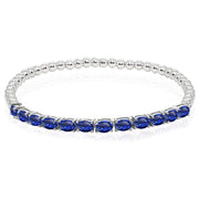 Sterling Silver Created Blue Sapphire Oval Beaded Stretch Tennis Style Bracelet