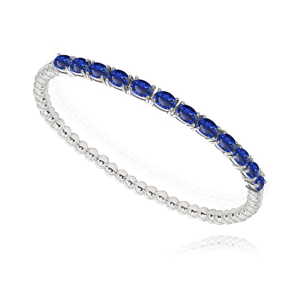 Sterling Silver Created Blue Sapphire Oval Beaded Stretch Tennis Style Bracelet-2