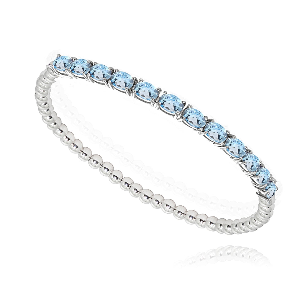 Sterling Silver Blue Topaz Oval Beaded Stretch Tennis Style Bracelet-2