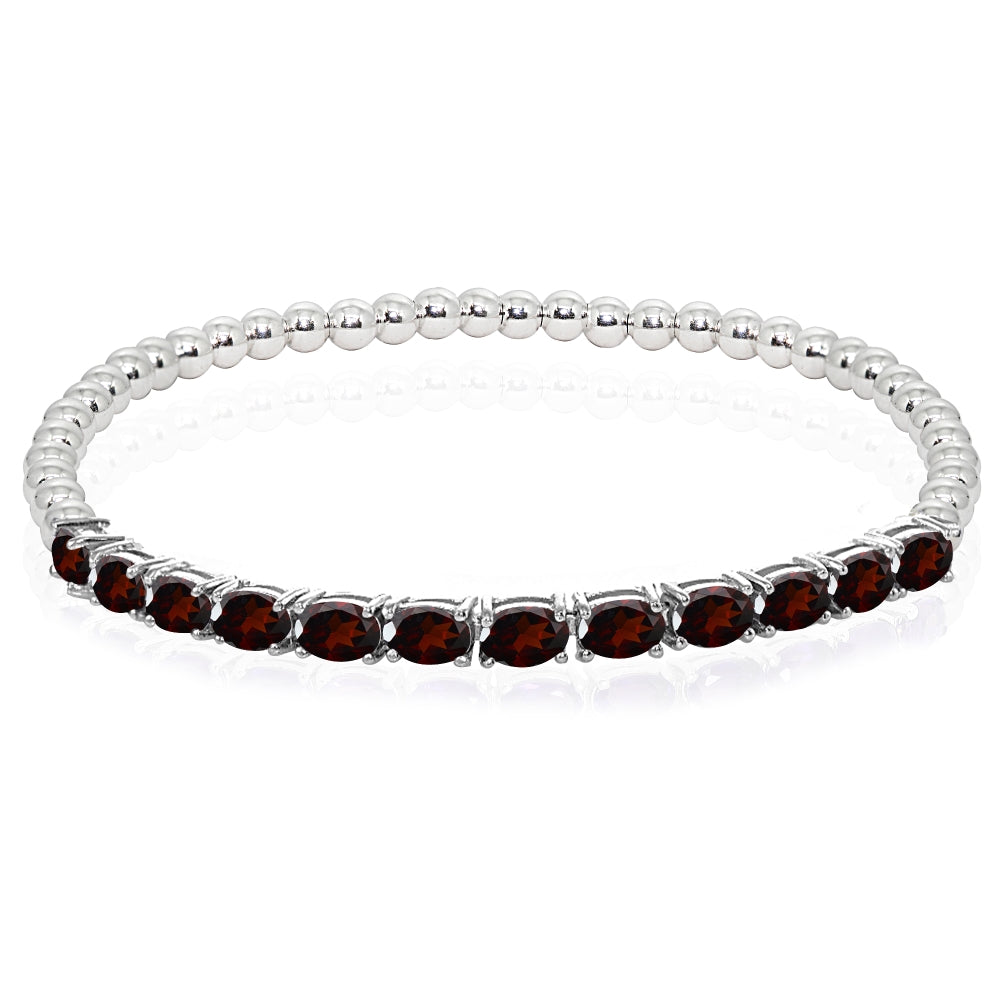 Sterling Silver Garnet Oval Beaded Stretch Tennis Style Bracelet