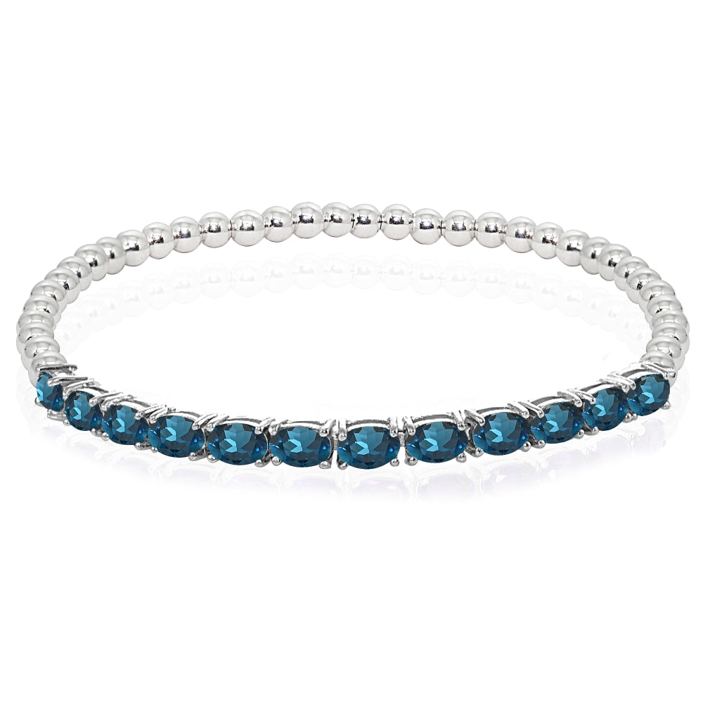 Sterling Silver London Blue Topaz Oval Beaded Stretch Tennis Style Bracelet