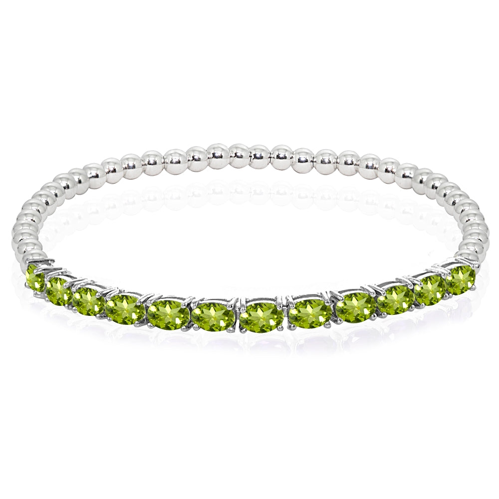 Sterling Silver Peridot Oval Beaded Stretch Tennis Style Bracelet