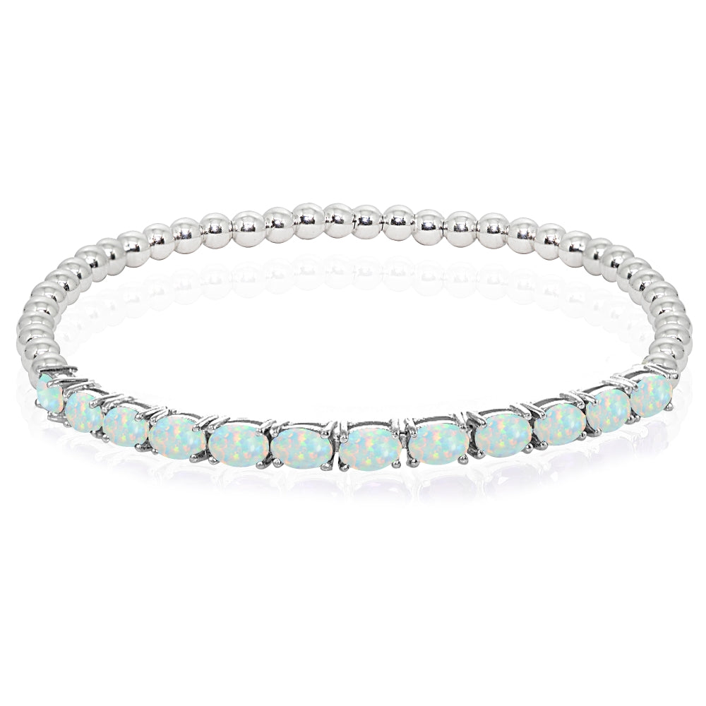 Sterling Silver Created White Opal Oval Beaded Stretch Tennis Style Bracelet