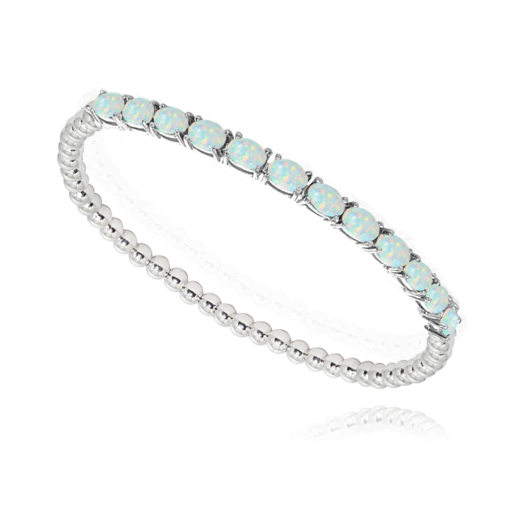 Sterling Silver Created White Opal Oval Beaded Stretch Tennis Style Bracelet-2