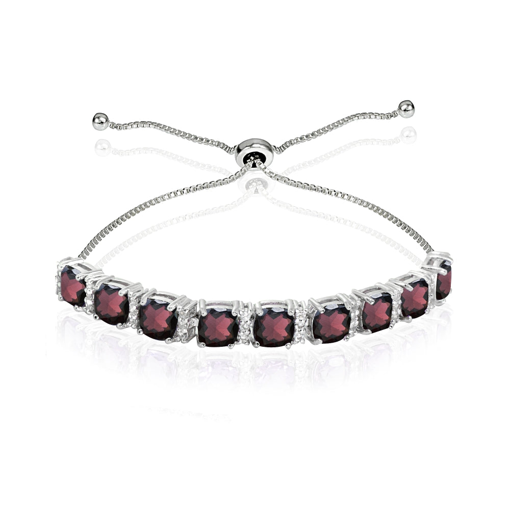 Sterling Silver Garnet & White Topaz Cushion-Cut Pull-String Tennis Style Bolo Bracelet