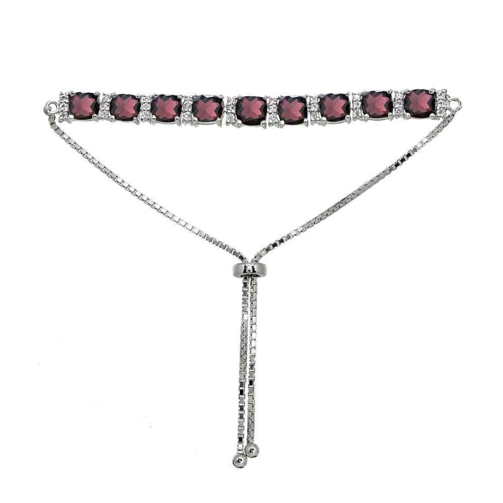 Sterling Silver Garnet & White Topaz Cushion-Cut Pull-String Tennis Style Bolo Bracelet-3