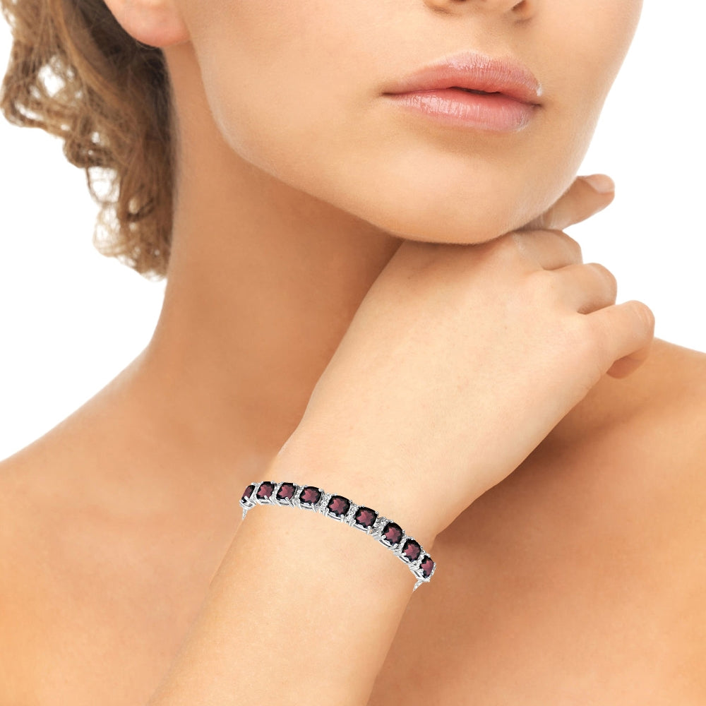 Sterling Silver Garnet & White Topaz Cushion-Cut Pull-String Tennis Style Bolo Bracelet-4