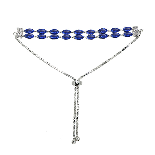 Sterling Silver Created Blue Sapphire & White Topaz Marquise-Cut Layered Tennis Style Bolo Bracelet