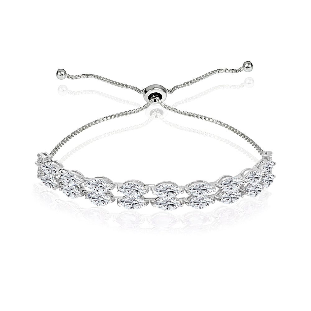 Sterling Silver Created White Sapphire Marquise-Cut Layered Tennis Style Bolo Bracelet