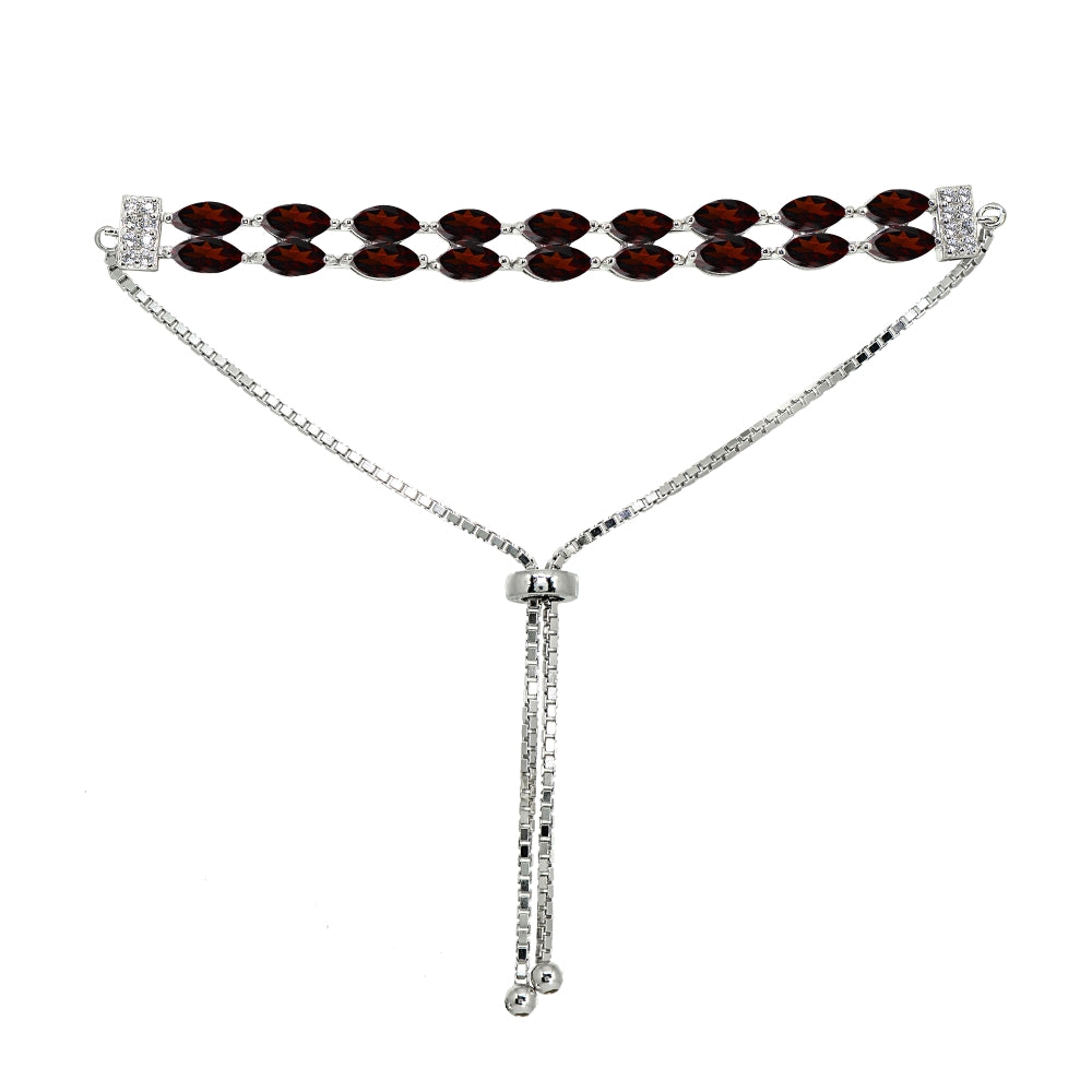 Sterling Silver Garnet & White Topaz Marquise-Cut Layered Tennis Style Bolo Bracelet-3