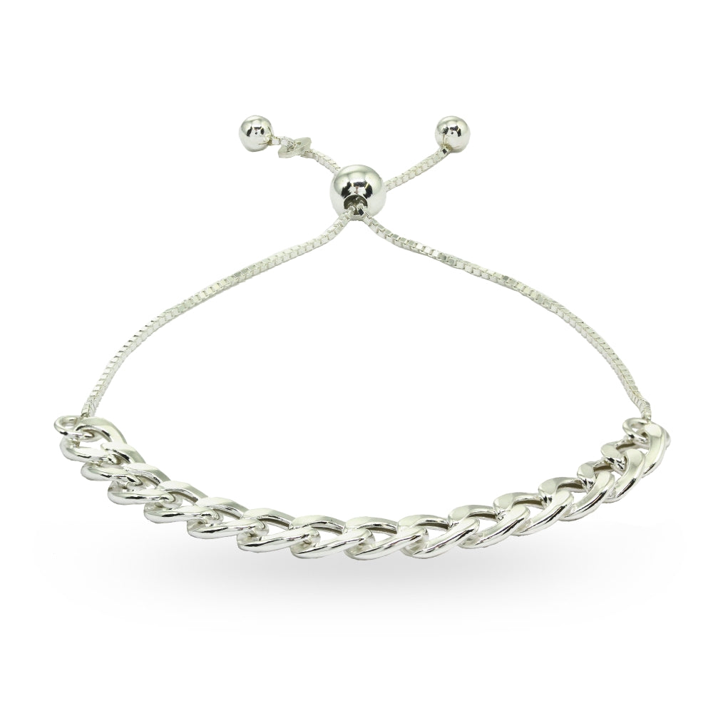 Sterling Silver Thin Cuban Link Chain Adjustable Pull-String Bracelet
