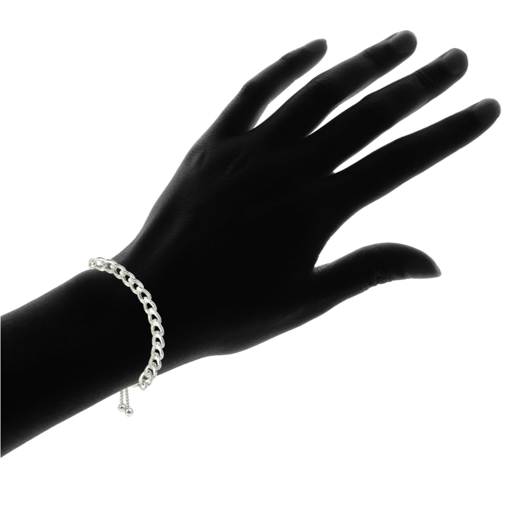 Sterling Silver Thin Cuban Link Chain Adjustable Pull-String Bracelet-2