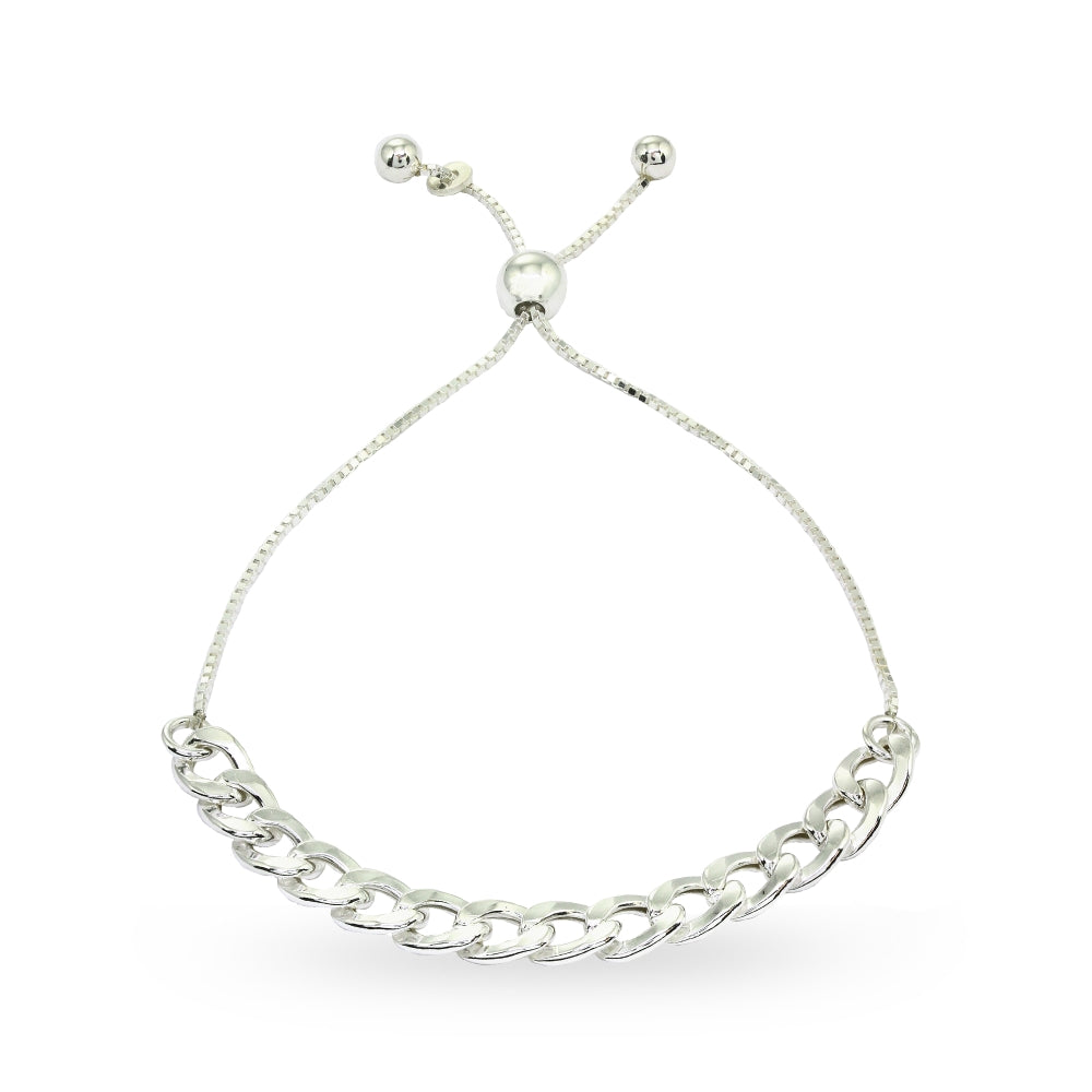 Sterling Silver Thin Cuban Link Chain Adjustable Pull-String Bracelet-4