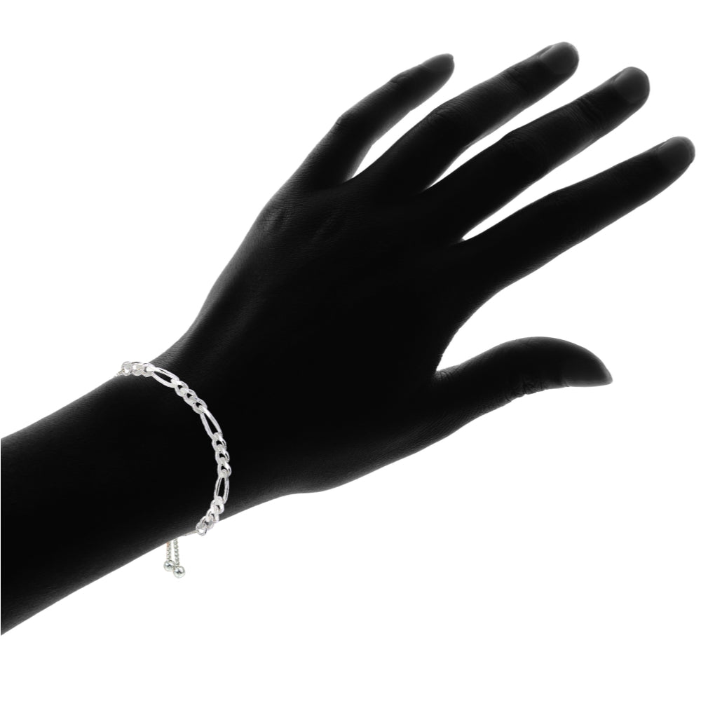 Sterling Silver Thin Figaro Link Chain Adjustable Pull-String Bracelet-2