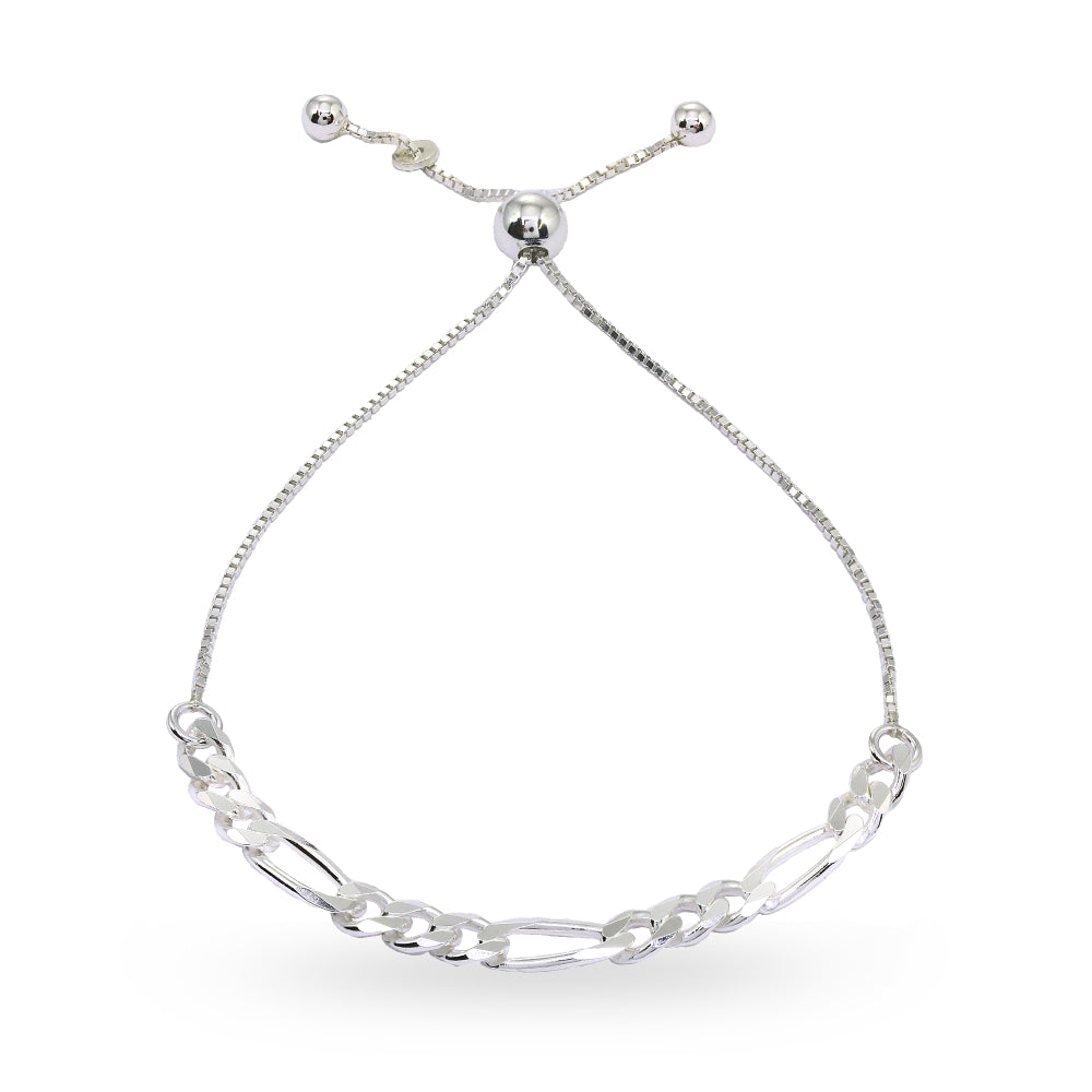 Sterling Silver Thin Figaro Link Chain Adjustable Pull-String Bracelet-4