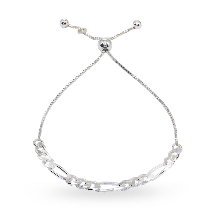 Sterling Silver Thin Figaro Link Chain Adjustable Pull-String Bracelet