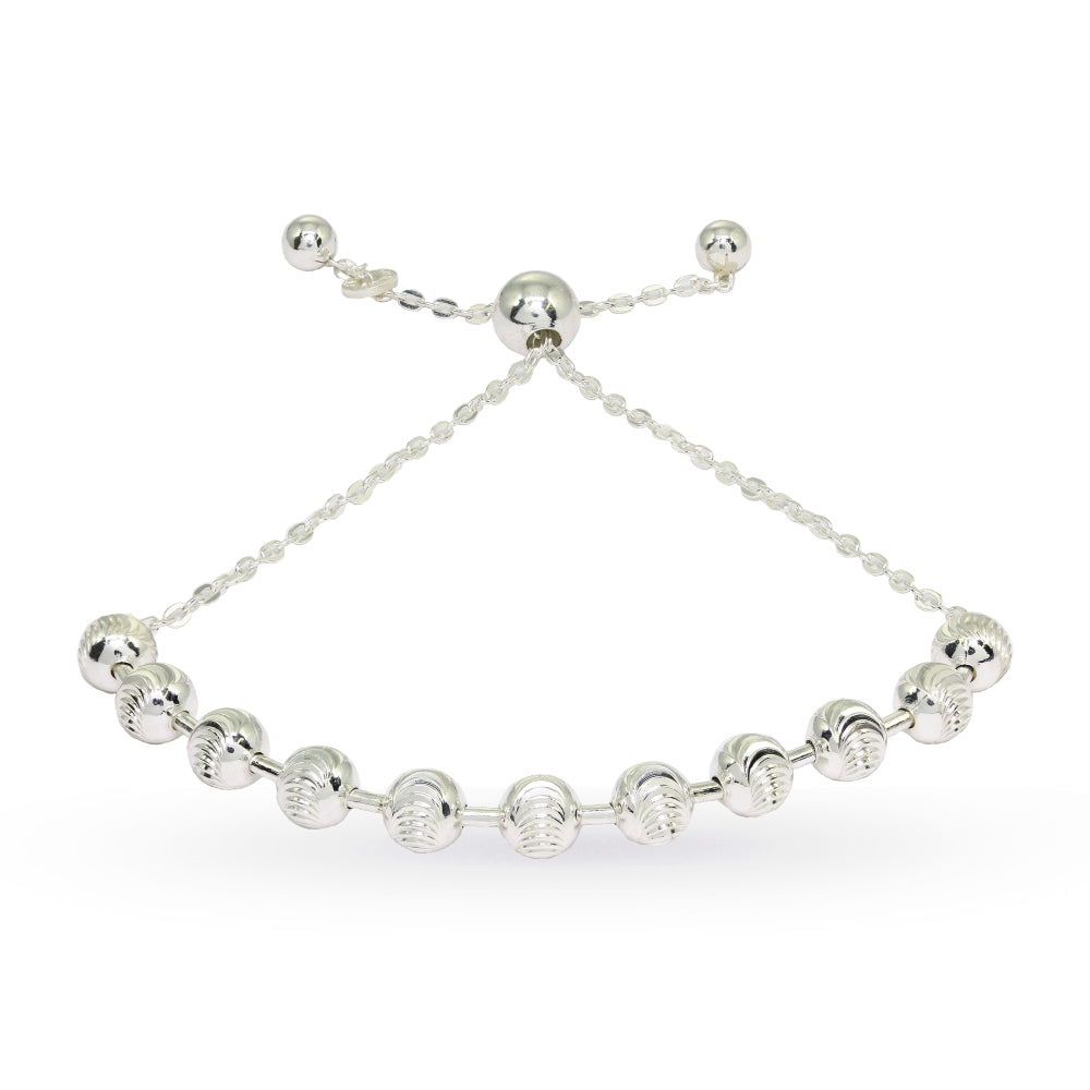 Sterling Silver Textured Beads Bar Station Chain Adjustable Pull-String Bracelet