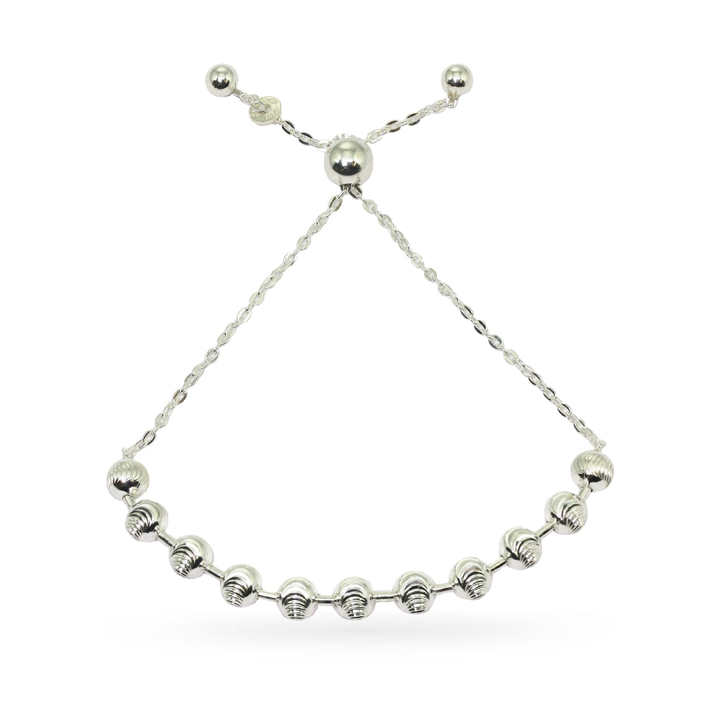 Sterling Silver Textured Beads Bar Station Chain Adjustable Pull-String Bracelet-4